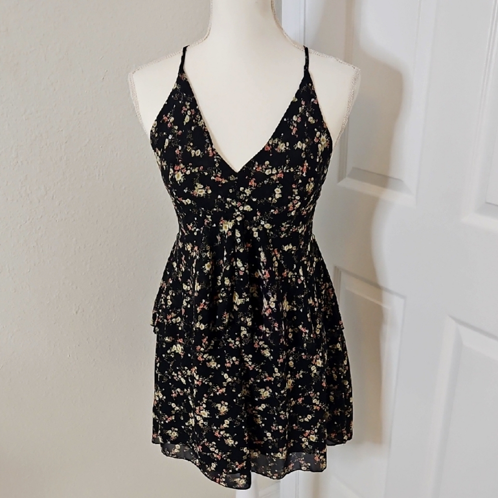 Forever 21 Floral Black Dress With Crisscross Back Strap.